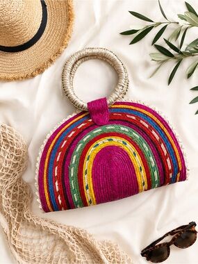 Rainbow Straw Rafia Half Moon Top Handle Bag Colorful Vacation Beach Boho Resort
